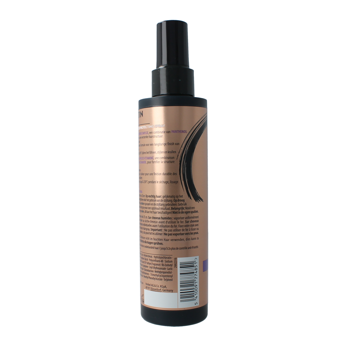 Syoss Keratine heat protection spray bottle for hair care, 200ml, with pump dispenser and sleek design.