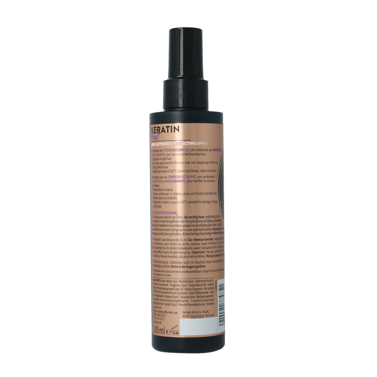 Syoss Keratine heat protection spray bottle for hair care, 200ml, with spray nozzle and sleek packaging.