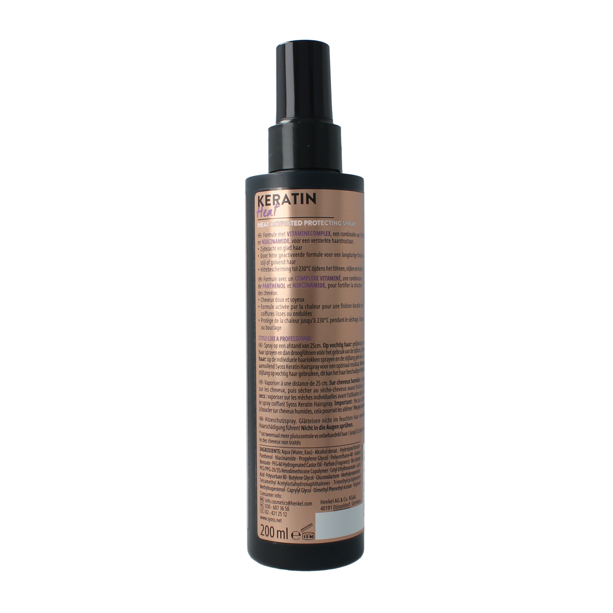 Syoss Keratine heat protection spray in 200ml bottle, hair care product for damage protection and smooth styling.