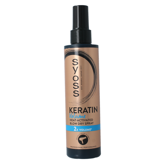 Syoss Keratine Volume HeatProtection Spray 200ml bottle with spray nozzle for hair care and styling protection.