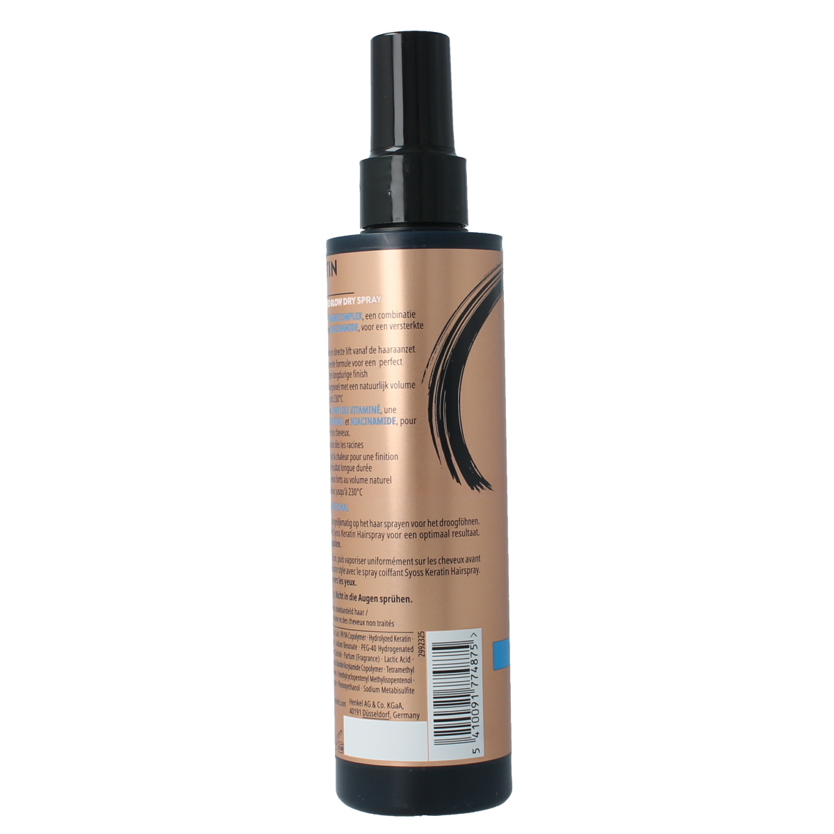 Syoss Keratine volume heat protection spray bottle, 200ml, in a hair care product image with the brand logo and spray nozzle.