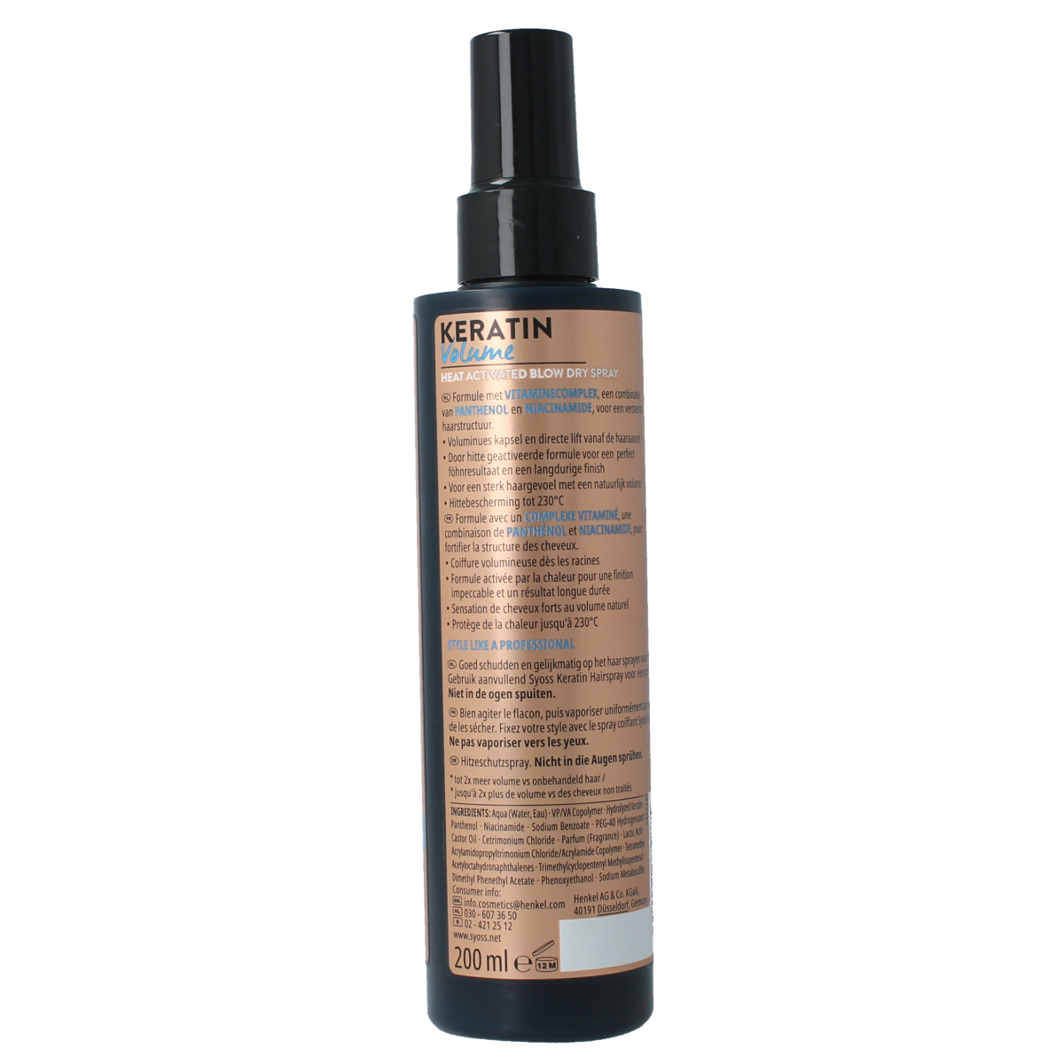 Syoss Keratine Volume Heat Protection Spray 200ml for hair styling and protection from heat damage.