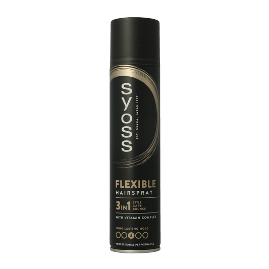 Syoss Haarspray HSP hold and flex in a 300ml aerosol can, used for flexible hair styling and strong hold.