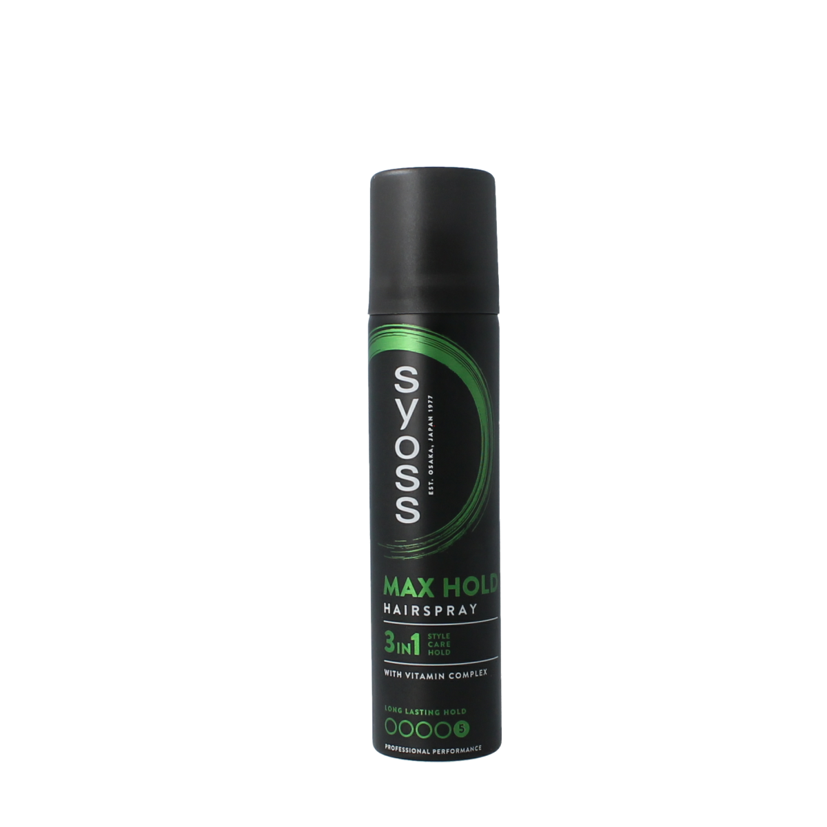 Syoss hairspray max hold 75ml bottle for strong, long-lasting hair styling, shown in a clear spray bottle.