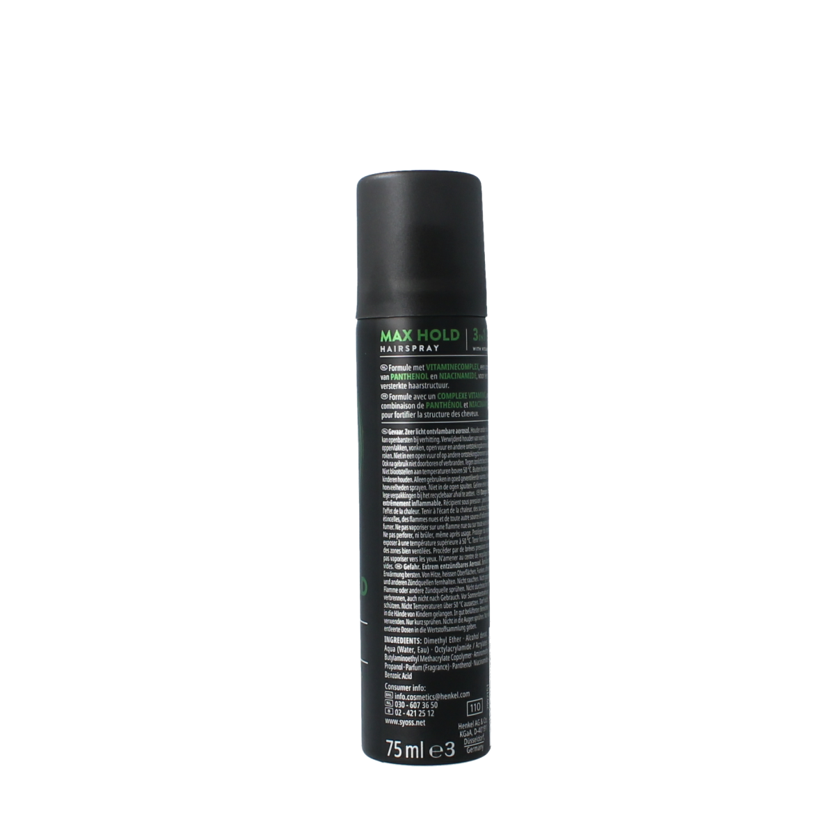 Syoss Max Hold Hairspray 75ml bottle for strong hair styling and hold in a sleek, compact container.