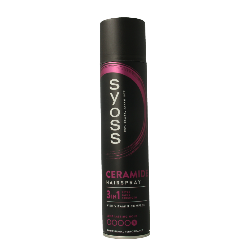 Syoss Ceramide Hairspray 300ml for hair styling, featuring a clear spray bottle with a black cap and label.