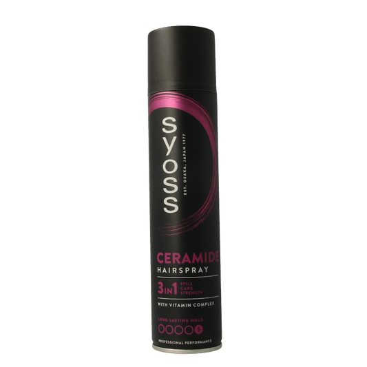Syoss Ceramide Hairspray 300ml for hair styling, featuring a clear spray bottle with a black cap and label.