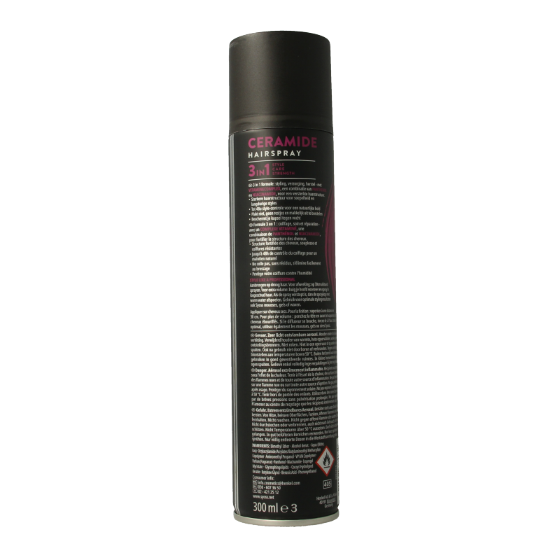 Syoss Ceramide Hairspray 300ml for strong hold and styling, with nourishing ceramide for healthy hair.