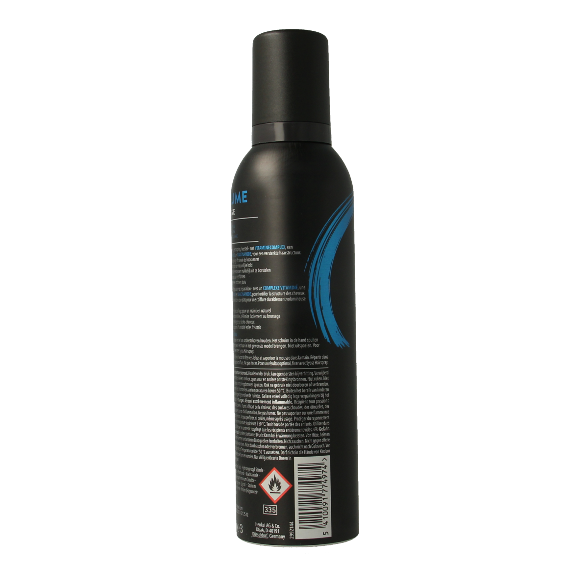 Syoss Mousse volume hair styling product in 250ml bottle, providing lift and fullness for styled hair.