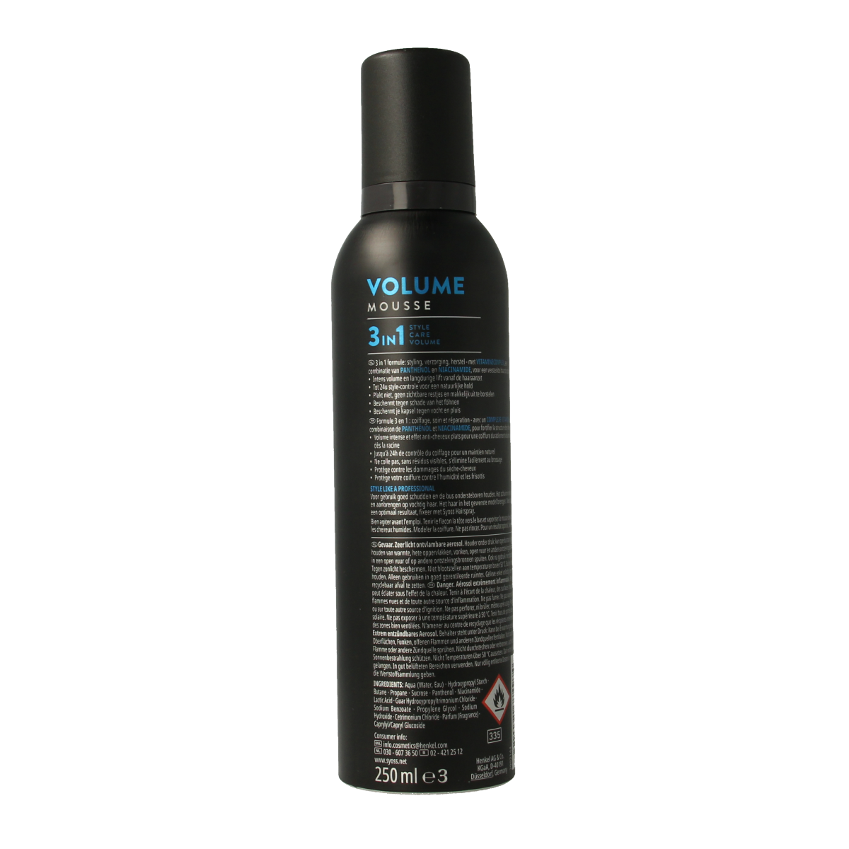 Syoss Mousse volume hair styling product in 250ml bottle, showcasing the packaging and branding.