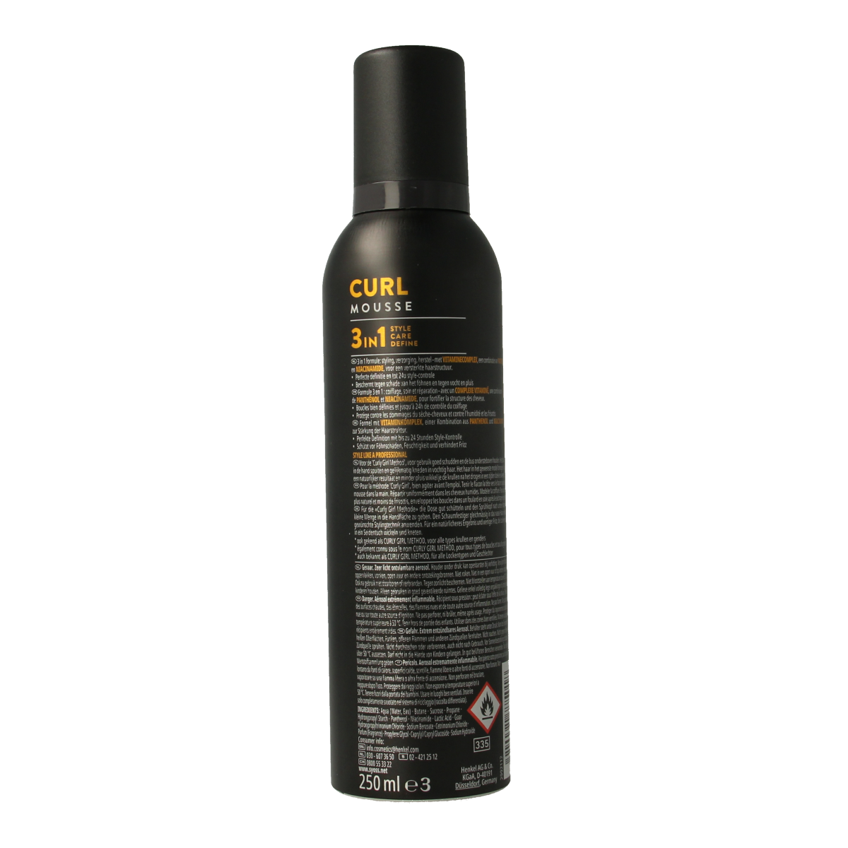 Syoss Mousse curl control hair styling product in a 250ml bottle, designed to define and hold curly hairstyles.