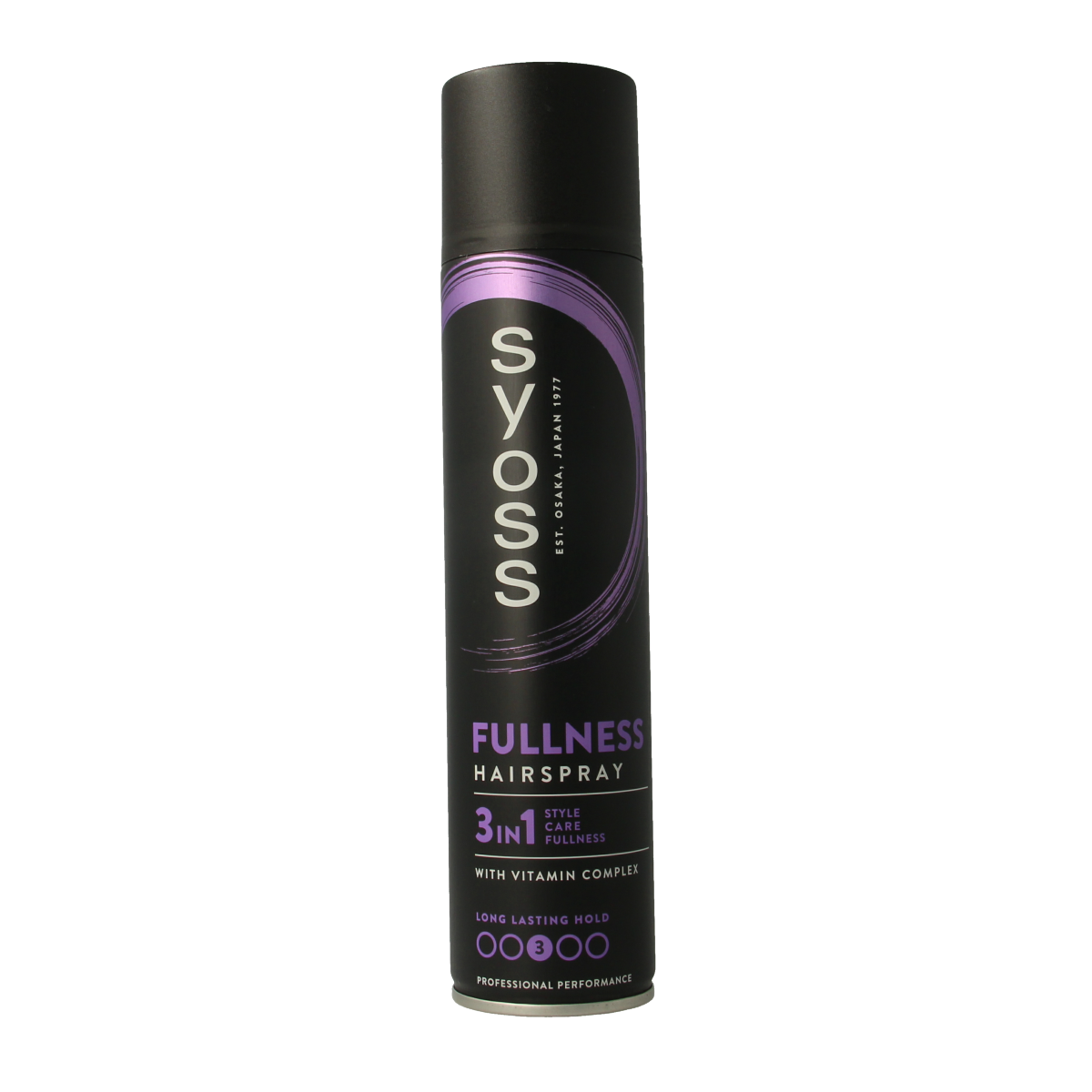 Syoss hairspray fullness in 300ml bottle, hair styling product with spray nozzle for volumizing and hold.