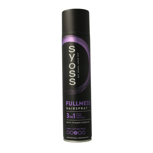 Syoss hairspray fullness in 300ml bottle, hair styling product with spray nozzle for volumizing and hold.