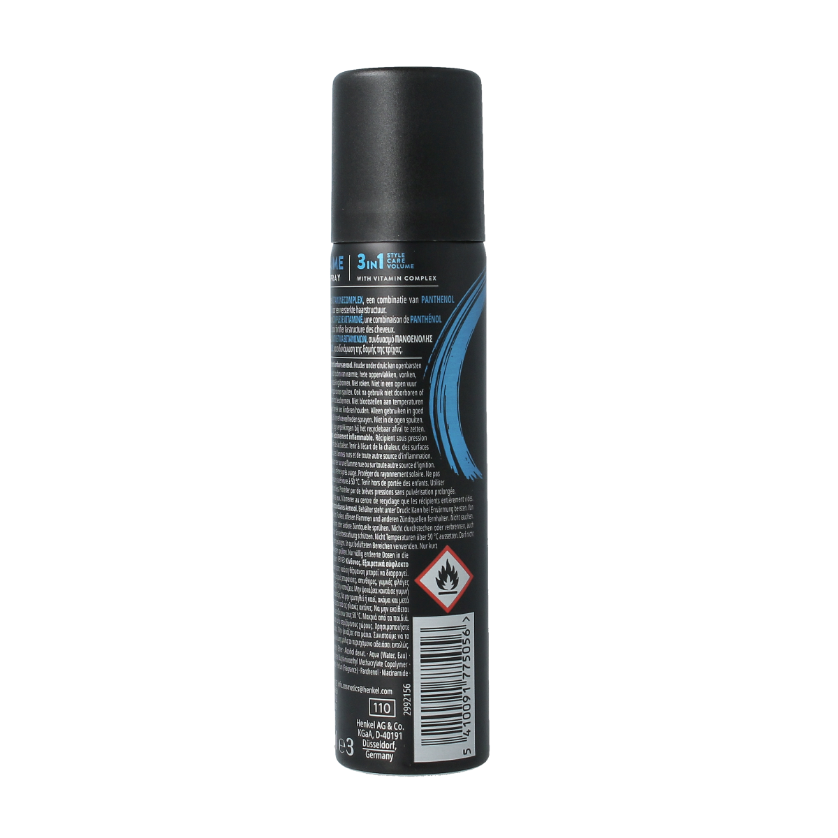 Syoss Hairspray Volume Lift 75ml, hair styling product in a spray bottle, provides lift and volume for styled hair.