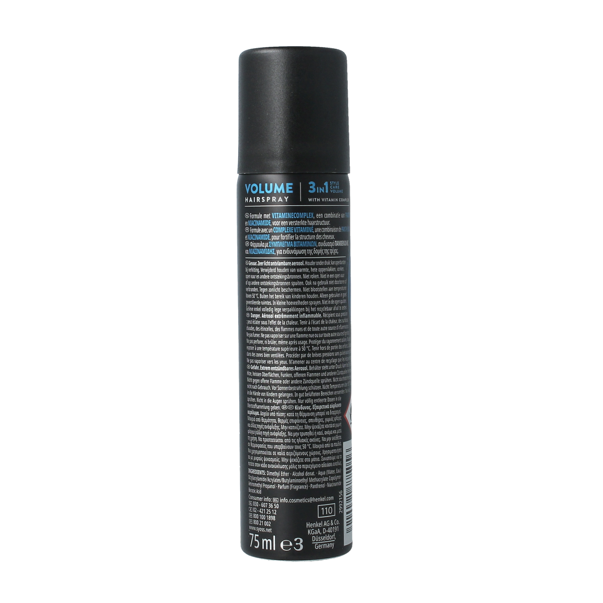 Syoss Hairspray Volume Lift 75ml for added lift and hold, featuring a clear spray bottle with a black cap.