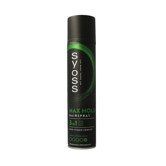 Syoss Max Hold Hairspray 300ml bottle for strong hair styling and long-lasting hold.