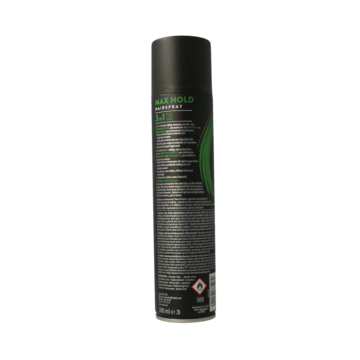 Syoss Max Hold Hairspray 300ml styling product with a spray nozzle for strong, long-lasting hair hold.