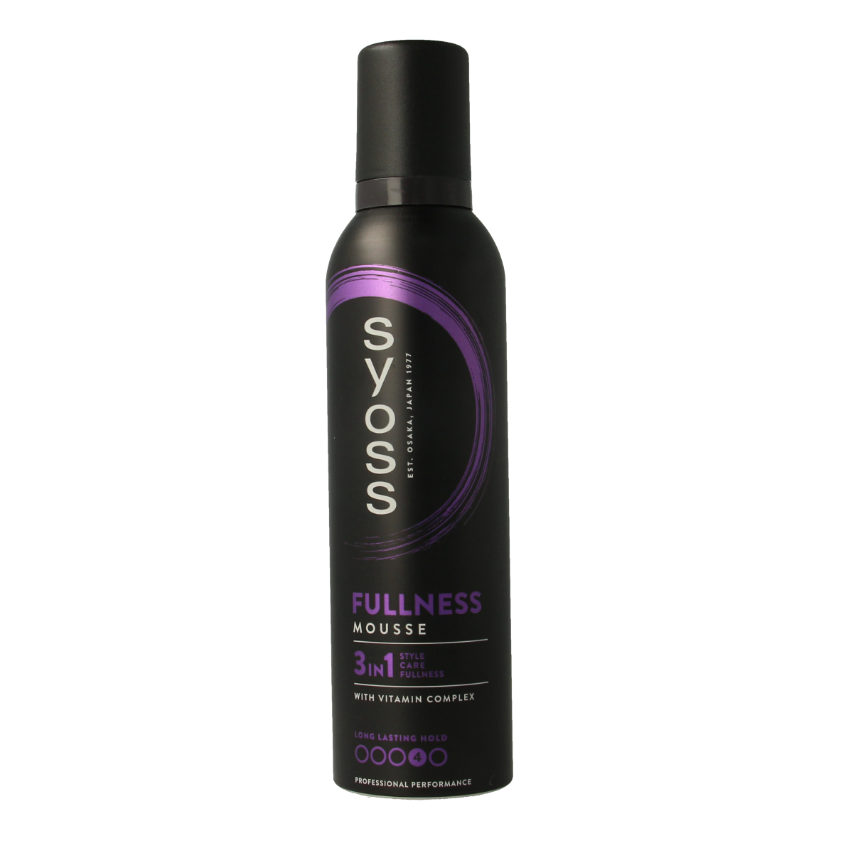 Syoss Mousse Fullness hair styling product in 250ml bottle, showing the foam dispenser and label.