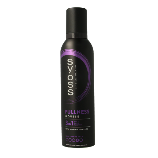 Syoss Mousse Fullness hair styling product in 250ml bottle, showing the foam dispenser and label.
