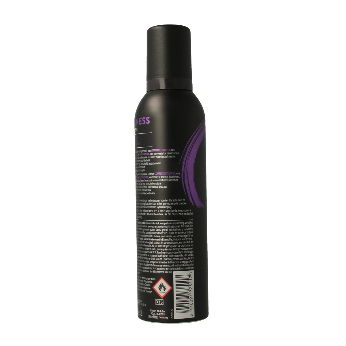 Syoss Mousse Fullness hair styling product in 250ml bottle, showing the foam application and packaging.