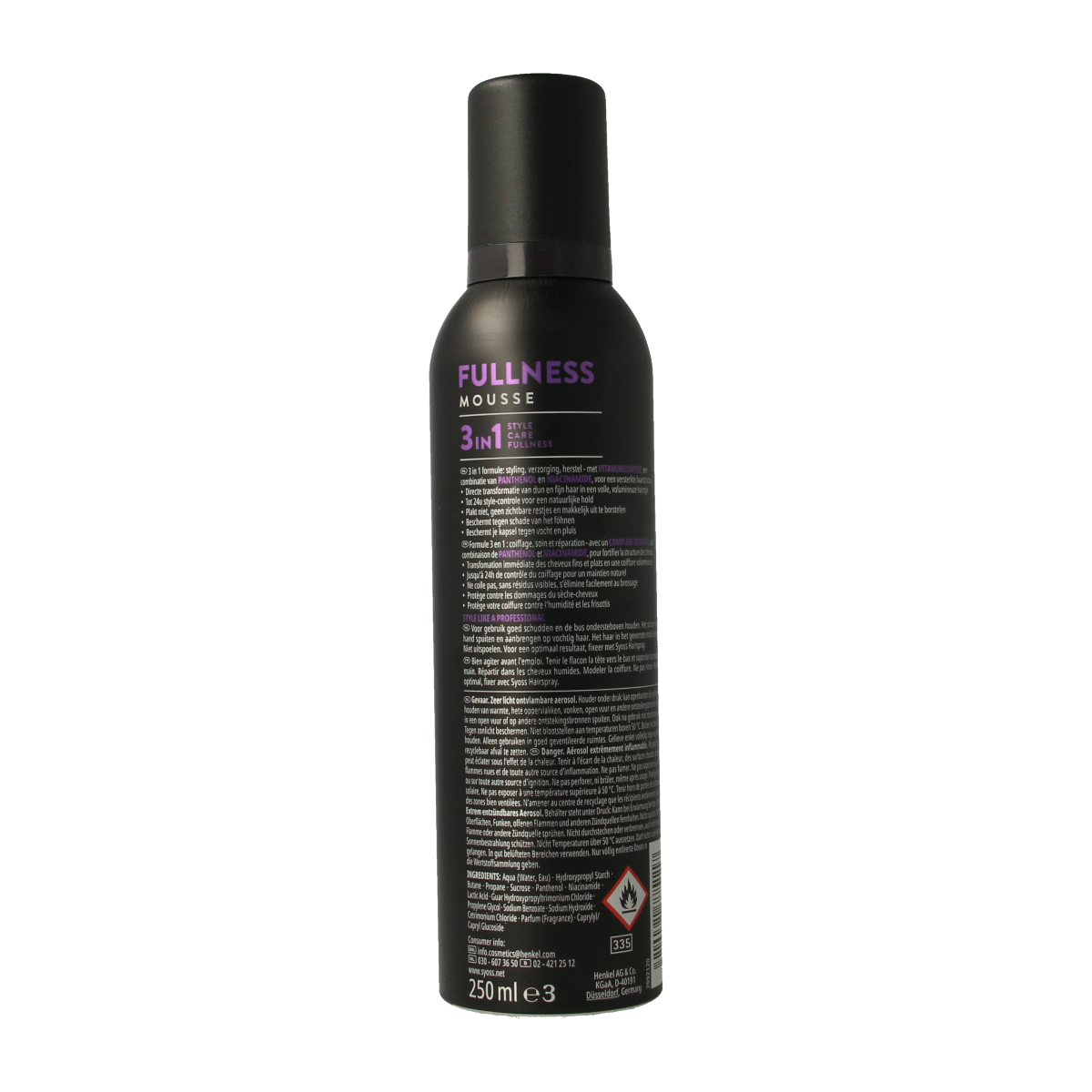 Syoss Mousse Fullness hair styling product in a 250ml bottle, designed to add volume and body to hair.
