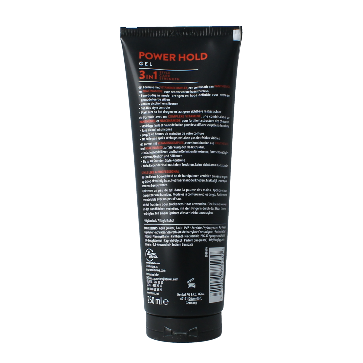Syoss Men Power Hold Gel extra sterk in 250ml, hair styling product with a clear gel texture for strong hold.