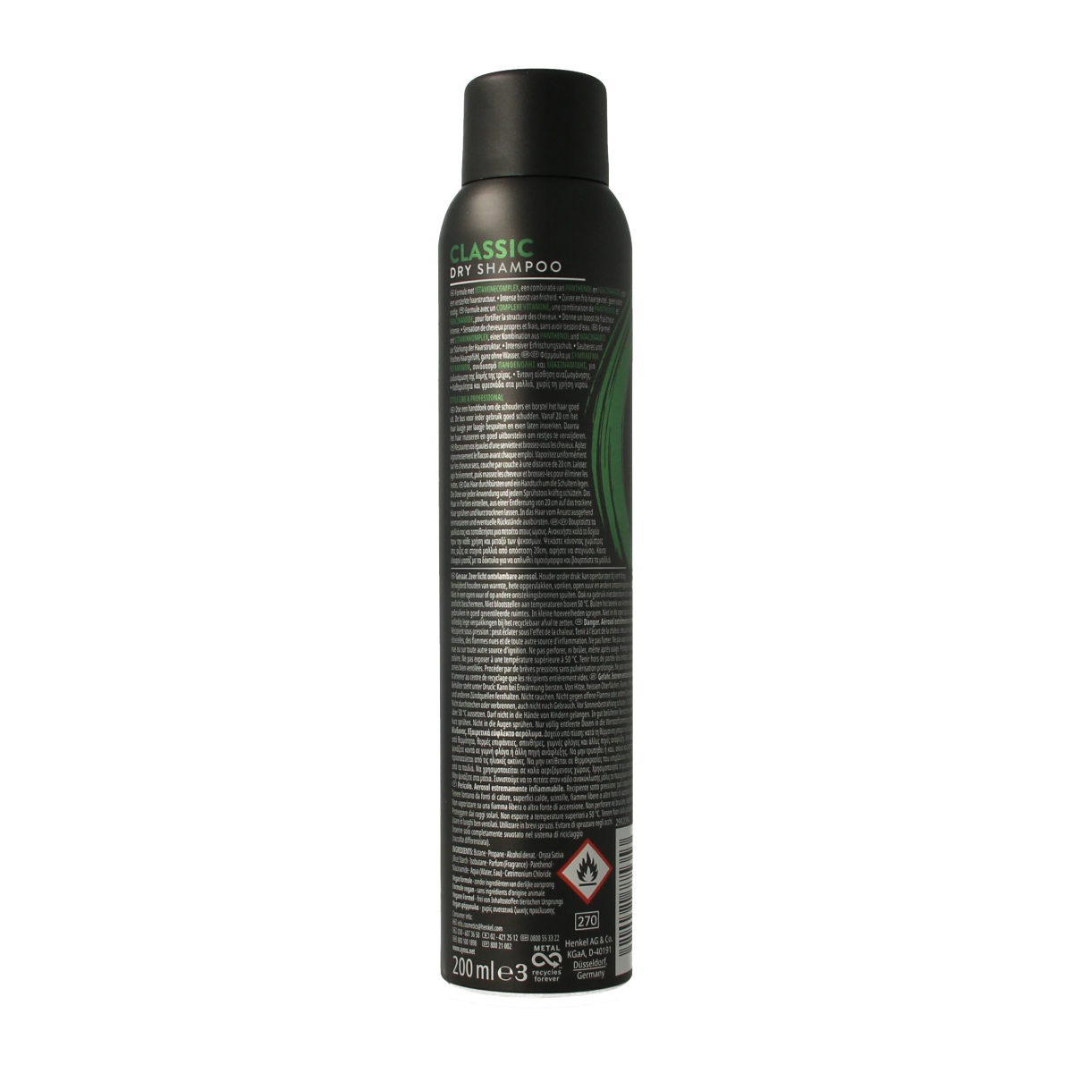 Syoss anti-grease dry shampoo in 200ml bottle, hair care product with clear liquid and spray nozzle for freshening hair.