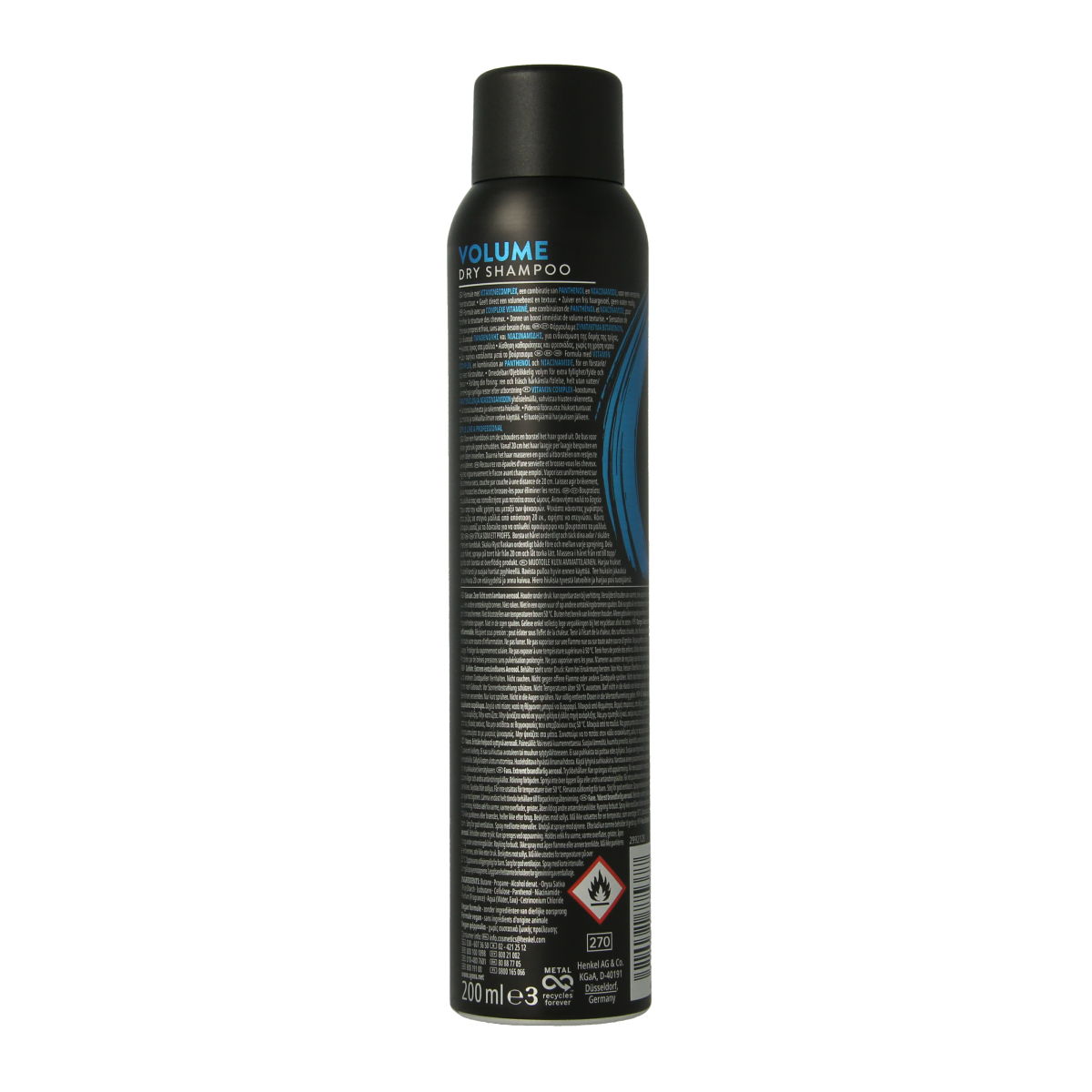 Syoss volume dry shampoo in 200ml spray bottle, designed for hair care and adding volume to hair.
