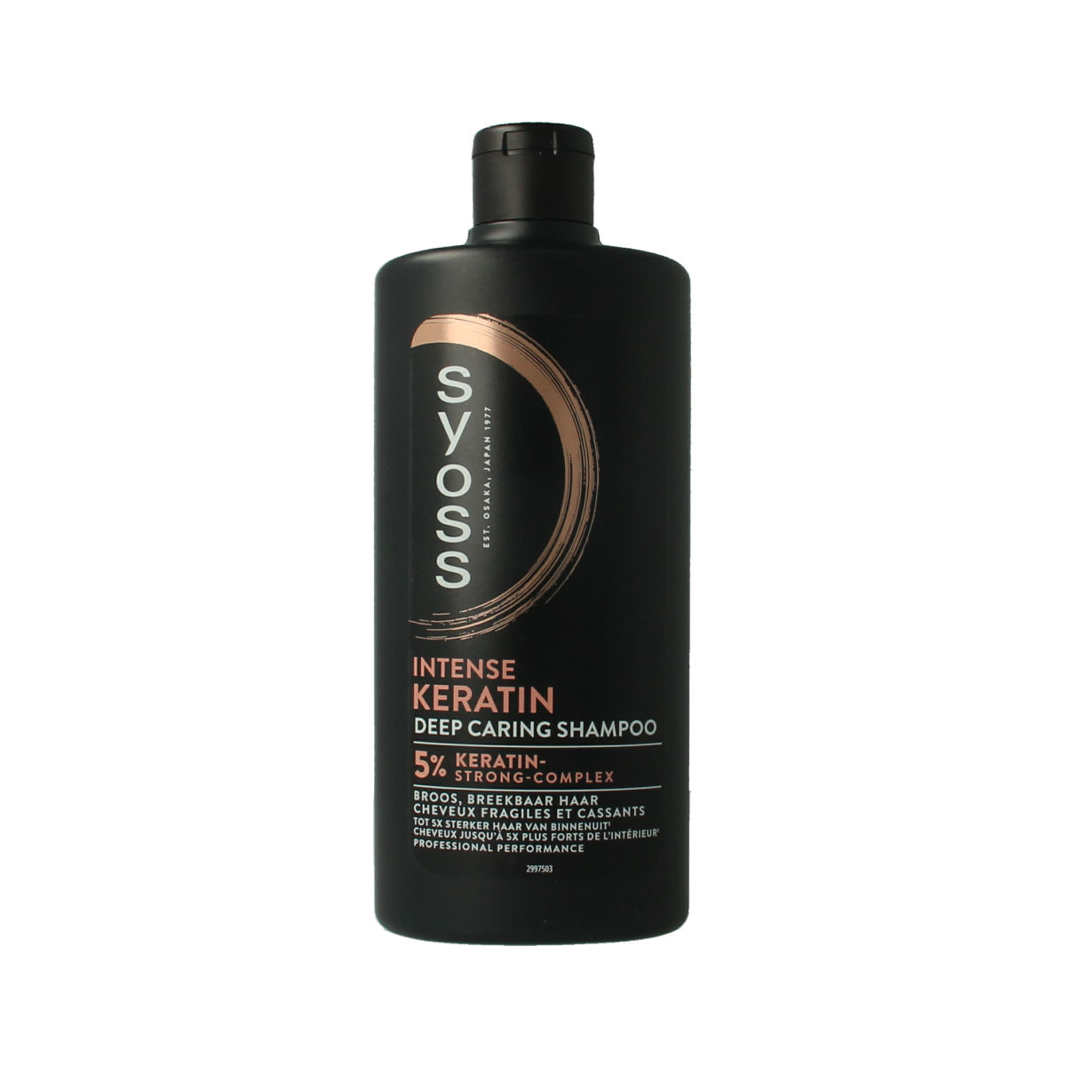 Syoss Keratin Shampoo 440ml bottle with sleek design, ideal for nourishing and strengthening hair.