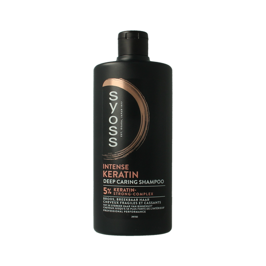 Syoss Keratin Shampoo 440ml bottle with sleek design, ideal for nourishing and strengthening hair.