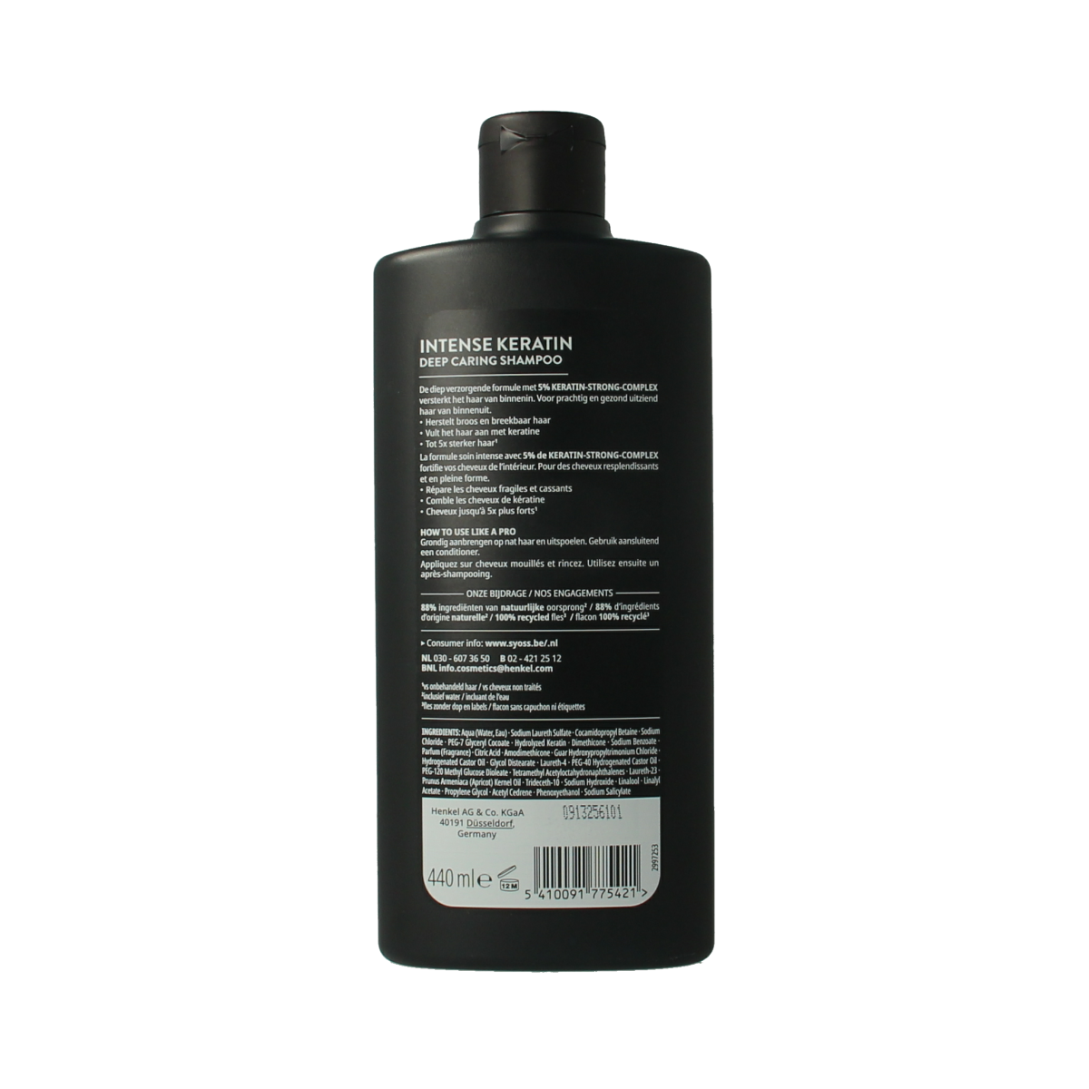 Syoss Keratin Shampoo bottle, 440ml, for hair care and smooth, shiny hair, with keratin formula in a sleek bottle design.