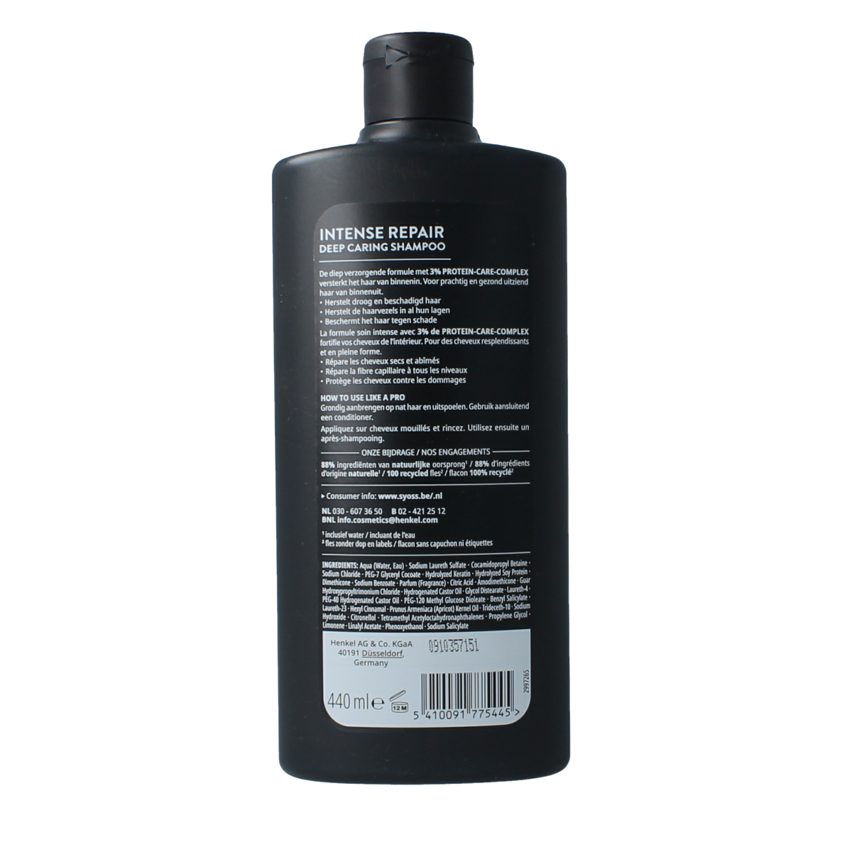Syoss Repair Shampoo in 440ml bottle, featuring sleek packaging and labeled for hair repair and care.