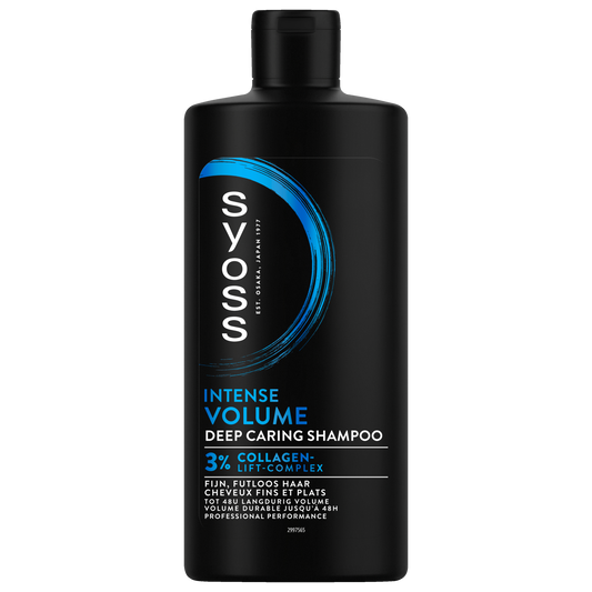 Syoss Volume Shampoo bottle, 440ml, for hair care, with a sleek design and clear labeling, showcasing the product's volume.
