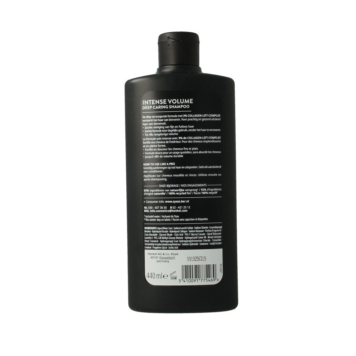 Syoss Volume Shampoo 440ml bottle with white label and blue accents, designed for boosting hair volume and maintaining hair health.