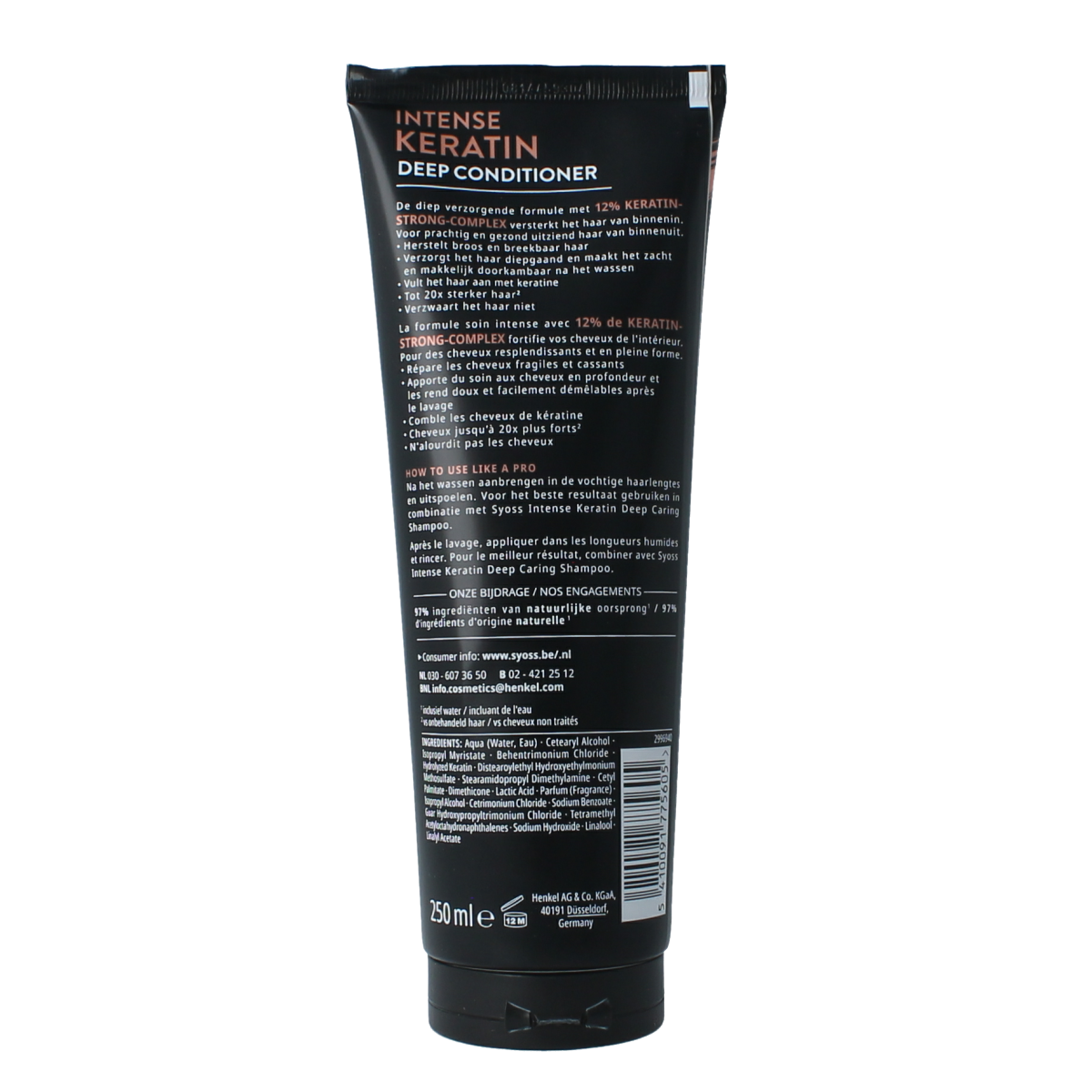 Syoss Deep Keratin Conditioner 250ml bottle, hair care product with nourishing formula for damaged hair, in a white and purple container.