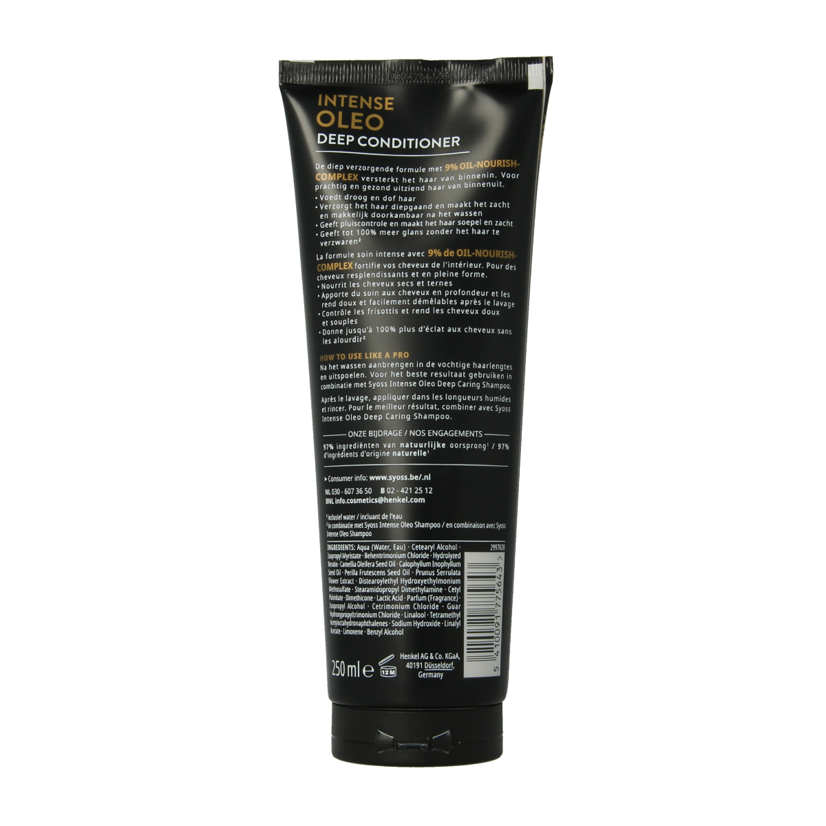 Syoss Olea Intense Conditioner for hair, 250ml, featuring a sleek bottle with a green cap and label design.
