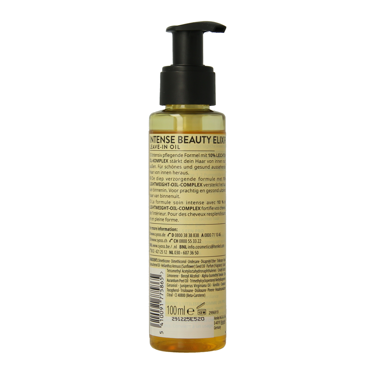 Syoss Beauty Elixir Absolute Oil in 100ml bottle, a hair care product for nourishing and smoothing hair.