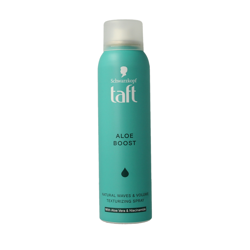 Taft Texture Spray Aloe for hair styling, 150ml bottle with spray nozzle, enhances natural texture and volume for styled hair.