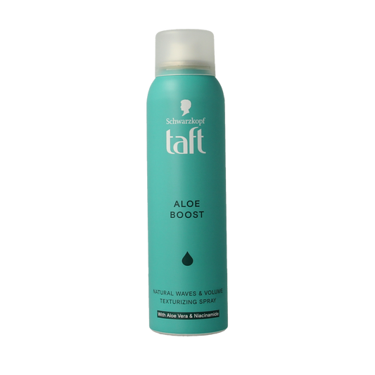 Taft Texture Spray Aloe for hair styling, 150ml bottle with spray nozzle, enhances natural texture and volume for styled hair.