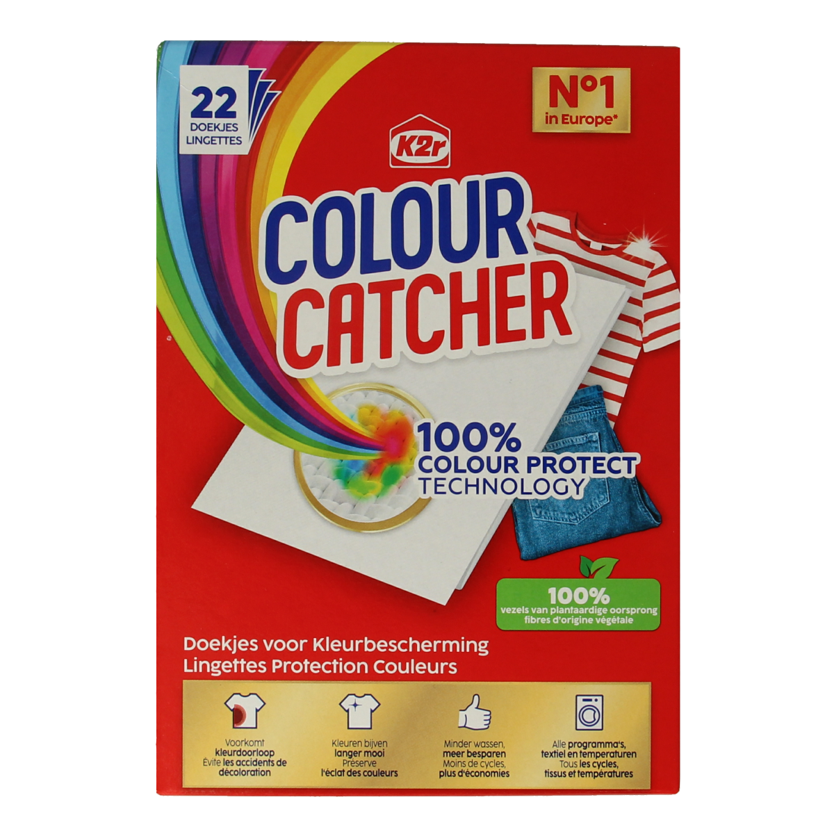 K2R Colour Catcher laundry sheets, 22-pack, for color-safe washing, designed to prevent dye transfer in laundry loads.