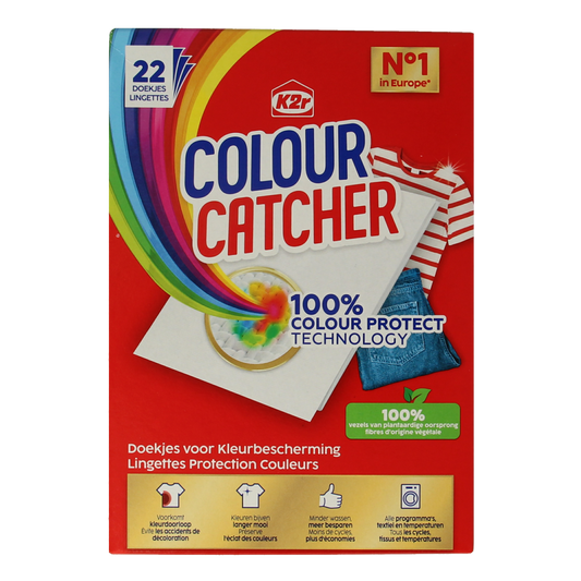 K2R Colour Catcher laundry sheets, 22-pack, for color-safe washing, designed to prevent dye transfer in laundry loads.