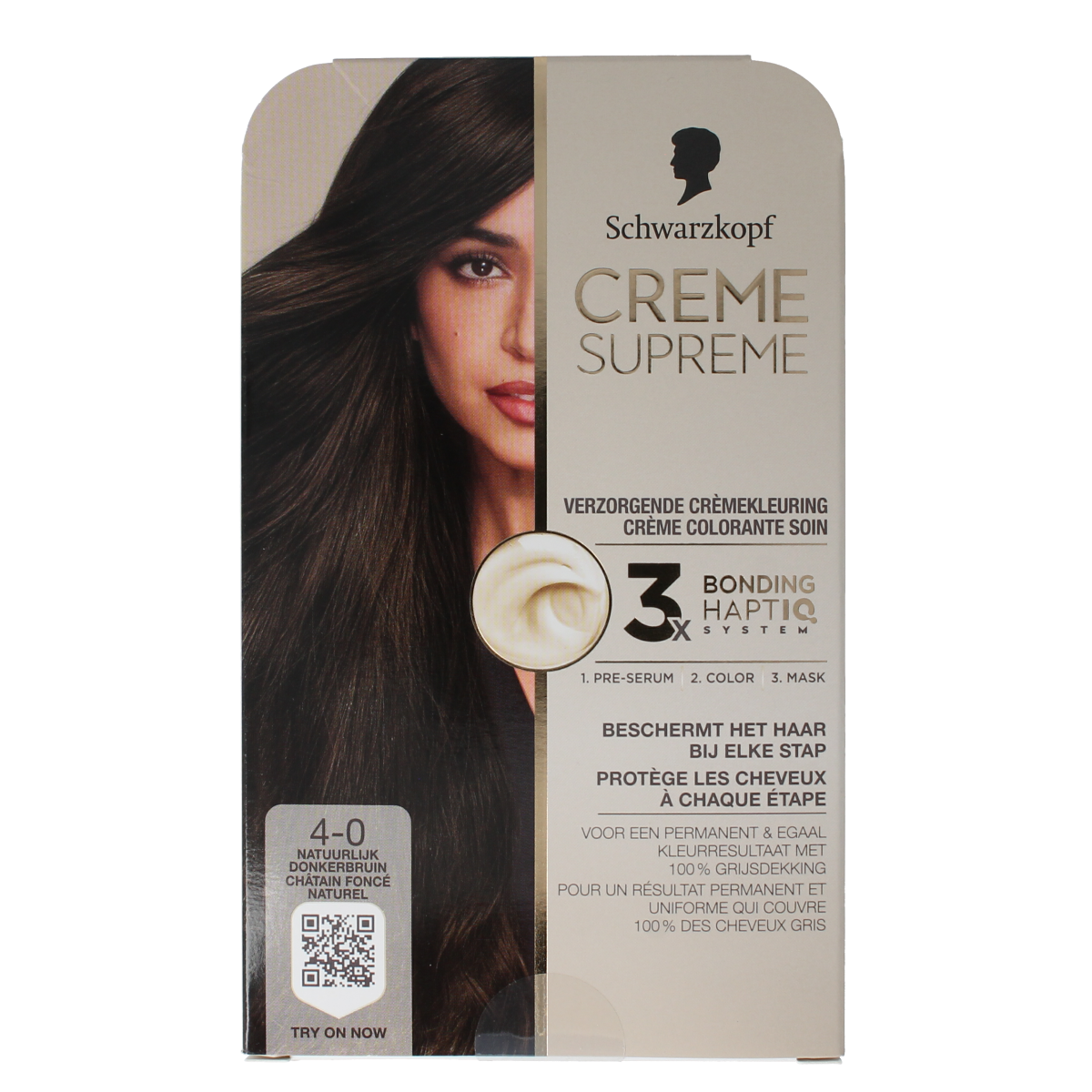 Schwarzkopf Creme Supreme 4-0 donker bruin hair dye tube for at-home hair coloring, shown in the image.