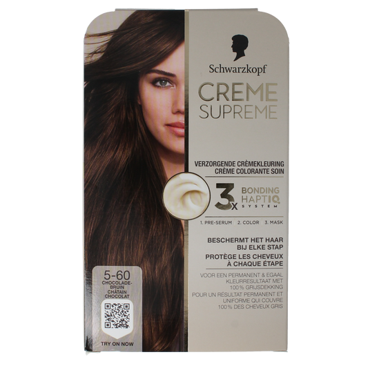 Schwarzkopf Creme Supreme 5-60 brown hair coloring cream in a tube, ready for application on hair.