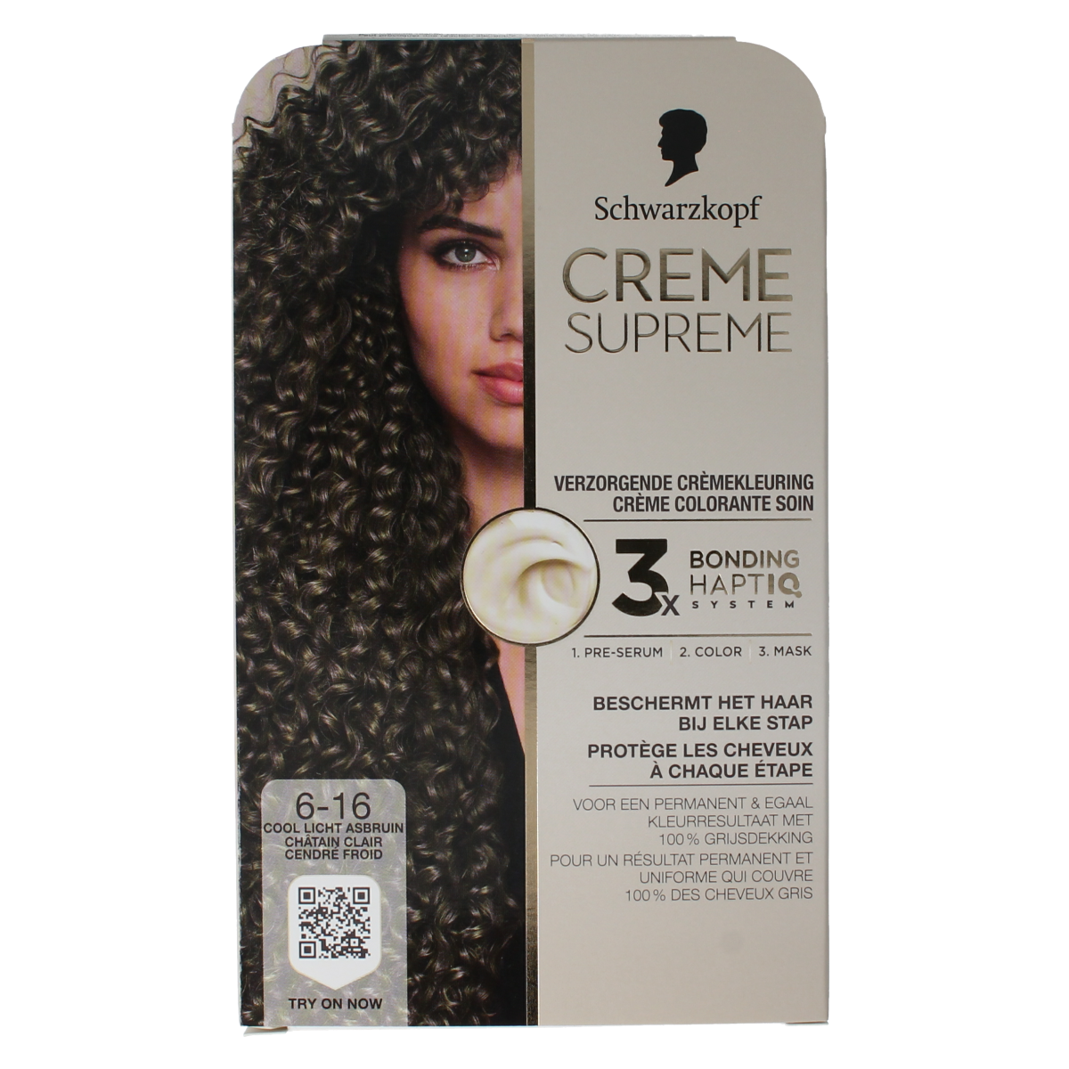Schwarzkopf Creme Supreme 6-16 light brown hair coloring cream, tube of Schwarzkopf hair dye product.