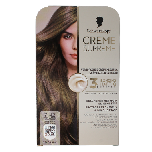 Schwarzkopf Creme Supreme 7-42 D blond hair coloring cream, 1 pack, showing the product tube and packaging for blonde hair dye.