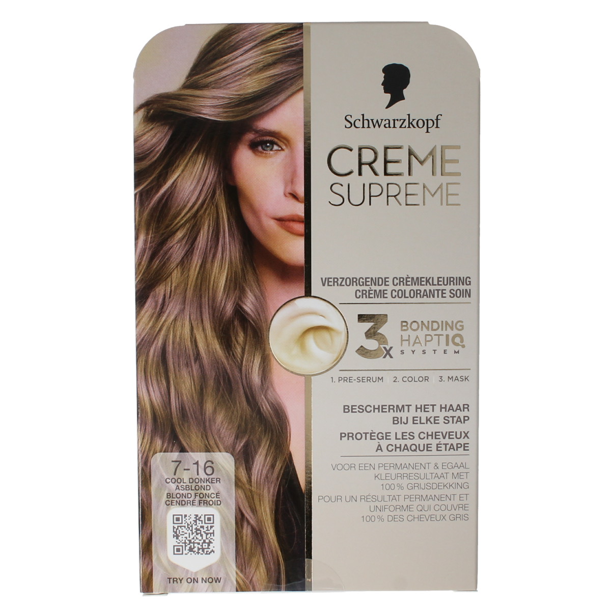 Schwarzkopf Creme Supreme 7-16 D blond hair coloring kit with one tube of hair dye, suitable for professional use
