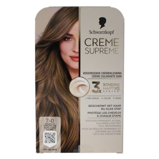Schwarzkopf Creme Supreme 7-0 D blond hair coloring cream, 1.00 unit, shown in the image.