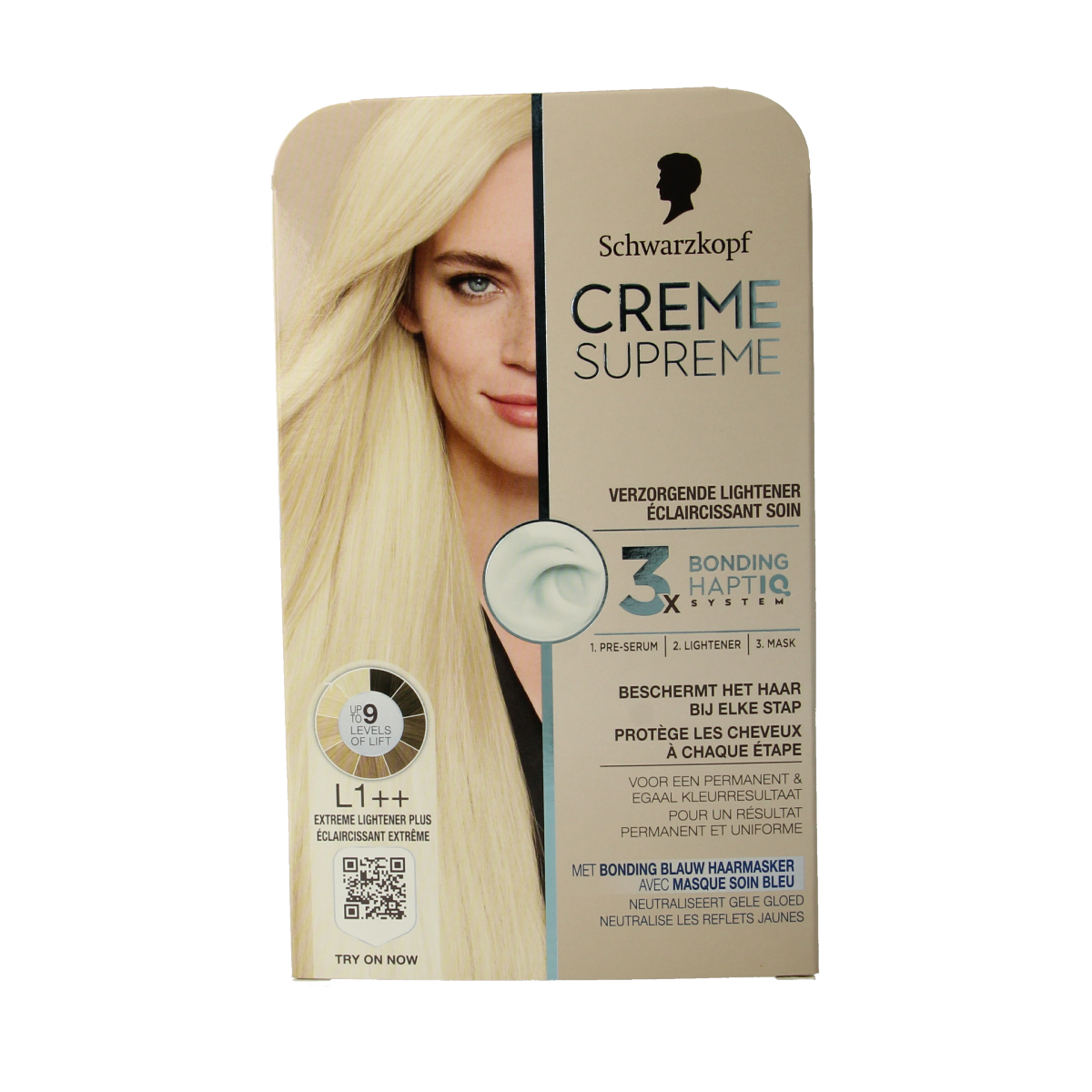 Schwarzkopf Creme Supreme L1++ lightener for hair coloring, showing the product tube and packaging.