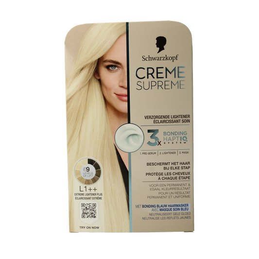 Schwarzkopf Creme Supreme L1++ lightener for hair coloring, showing the product tube and packaging.