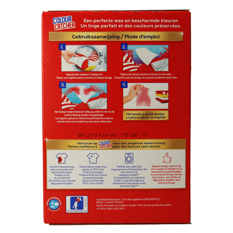 K2R Colour Catcher laundry sheets, 40-pack, for removing dye transfer during washing, in a clear image showing the product packaging.